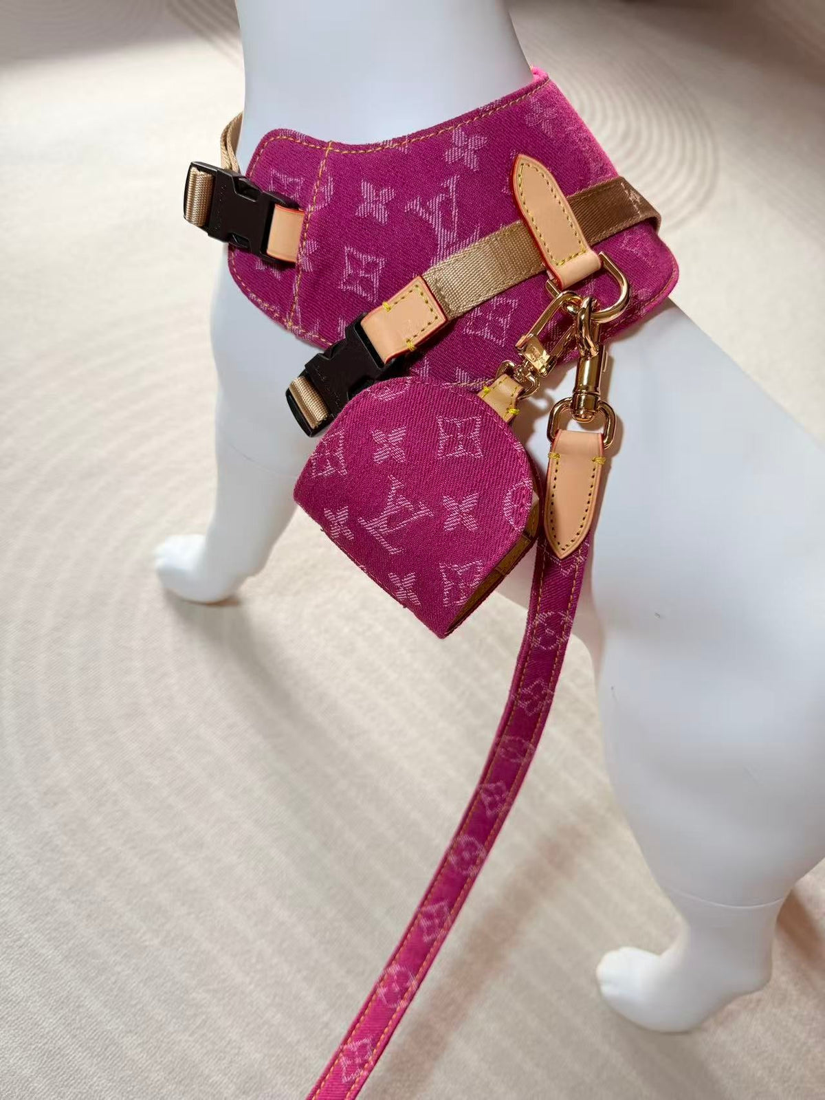 LV DOG HARNESS AND LEASH (PINK DENIM)